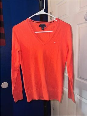 Tommy Hilfiger Women's V-Neck Sweater in Bright Coral